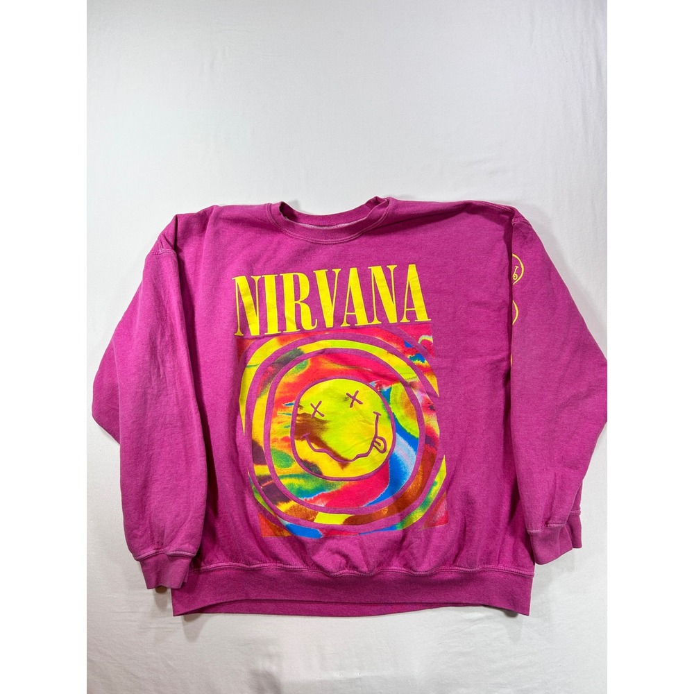Nirvana Pink Graphic Sweatshirt Psychedelic Smiley Face Logo Magenta XL